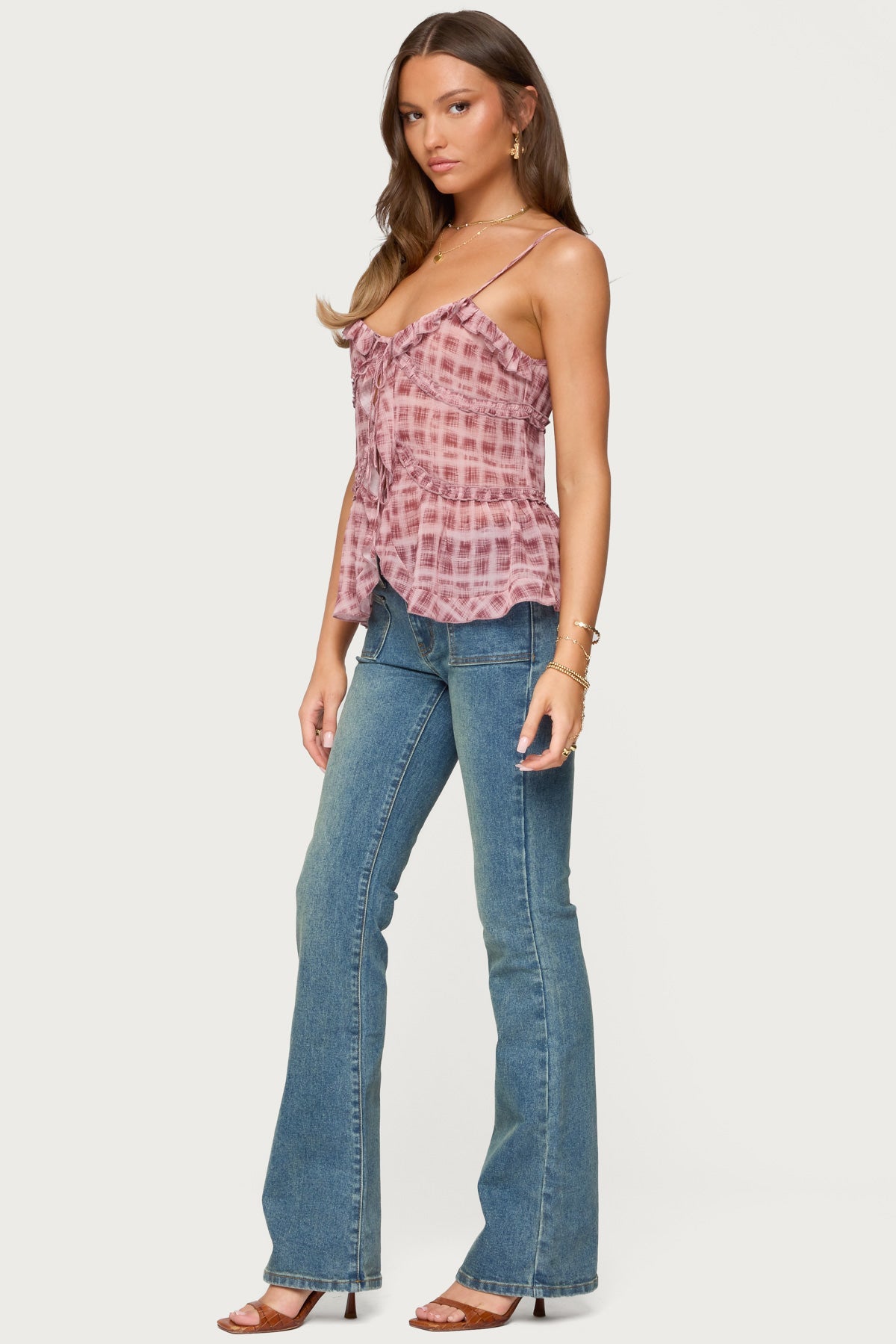 Chiffon Printed Tie Front Ruffle Top