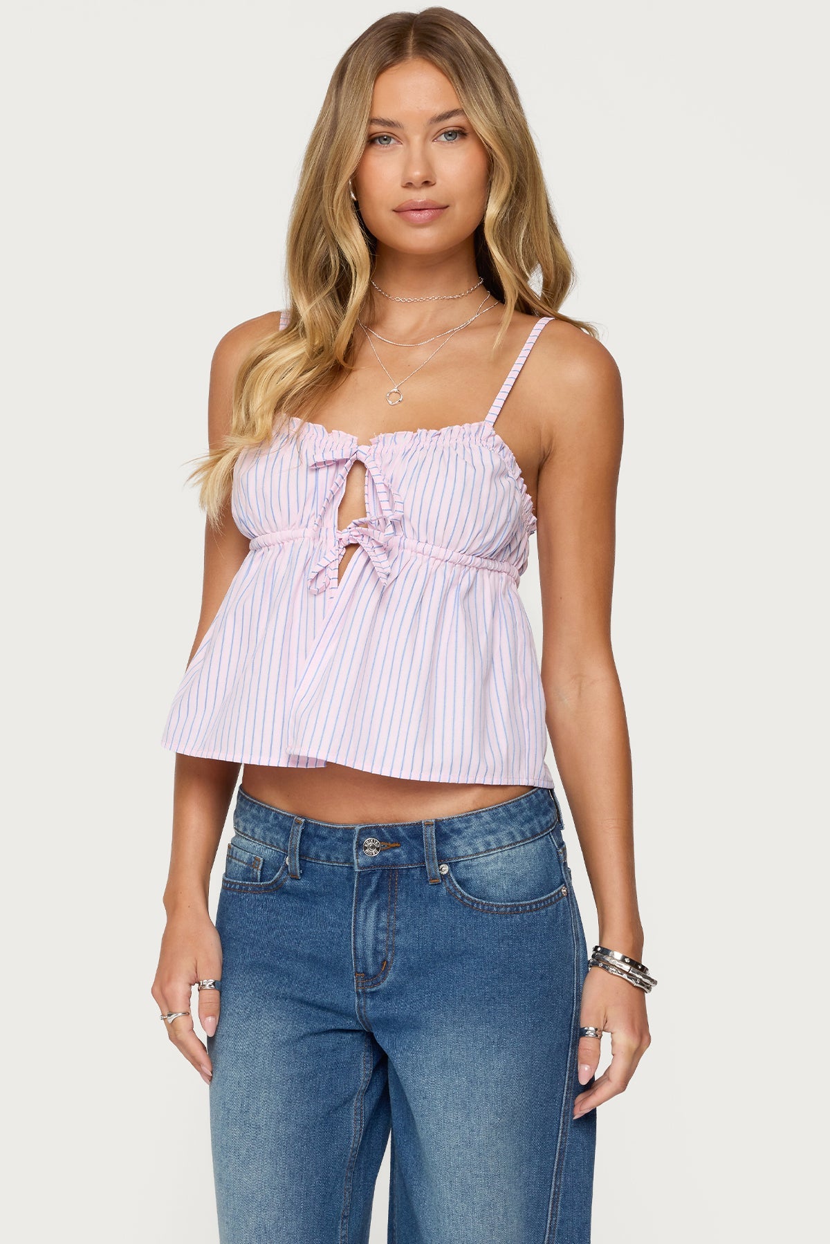 Avenly Striped Tie Front Babydoll Top