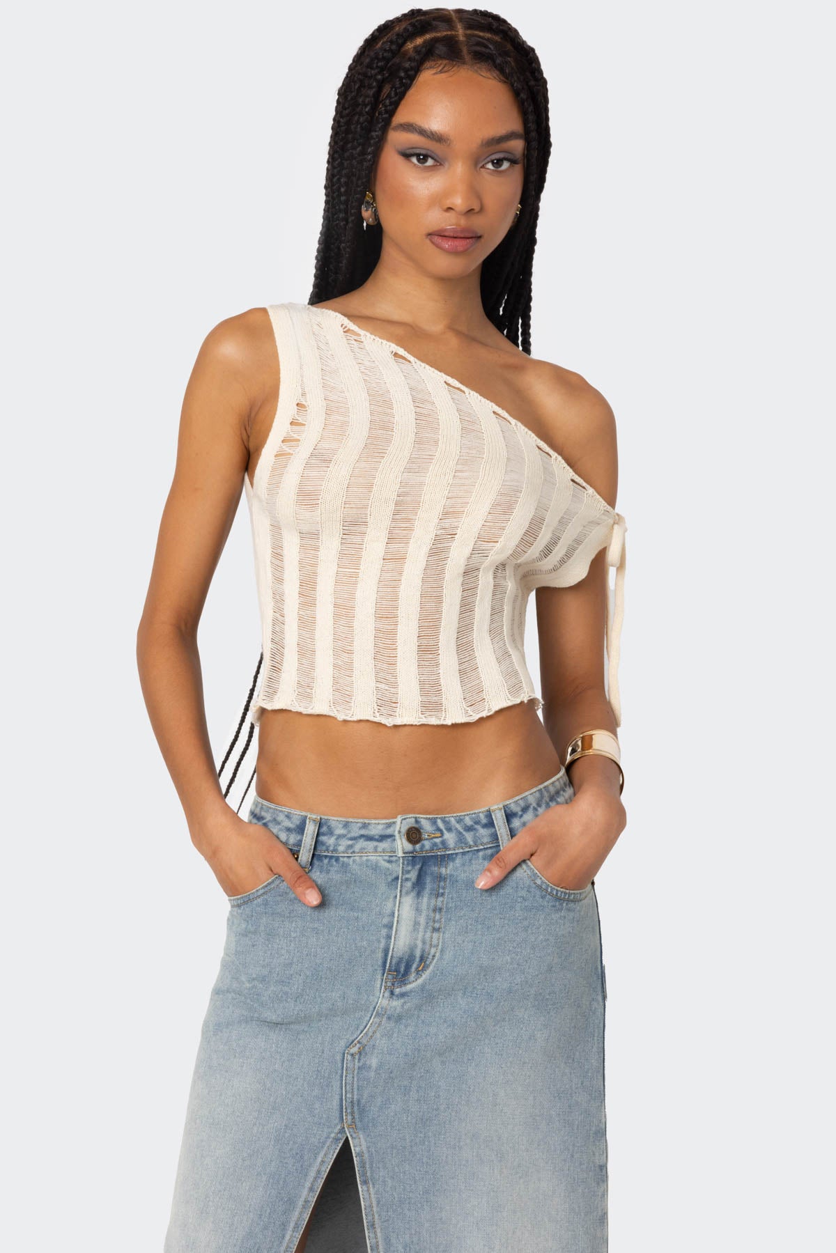 Tamra Sheer Knit Asymmetric Top