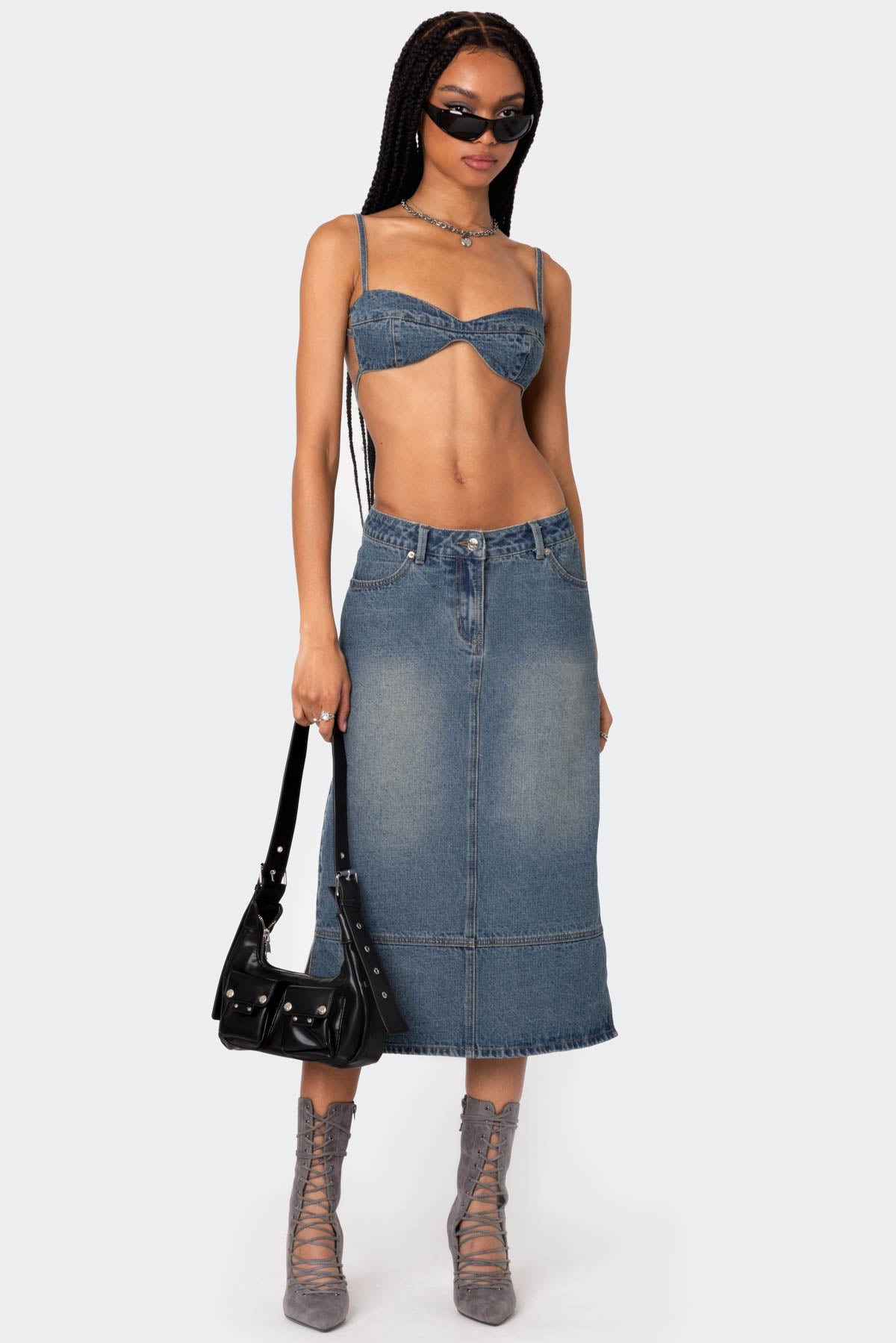 Lassy Washed Denim Midi Skirt