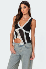 Chiffon & Lace Sheer Asymmetric Top