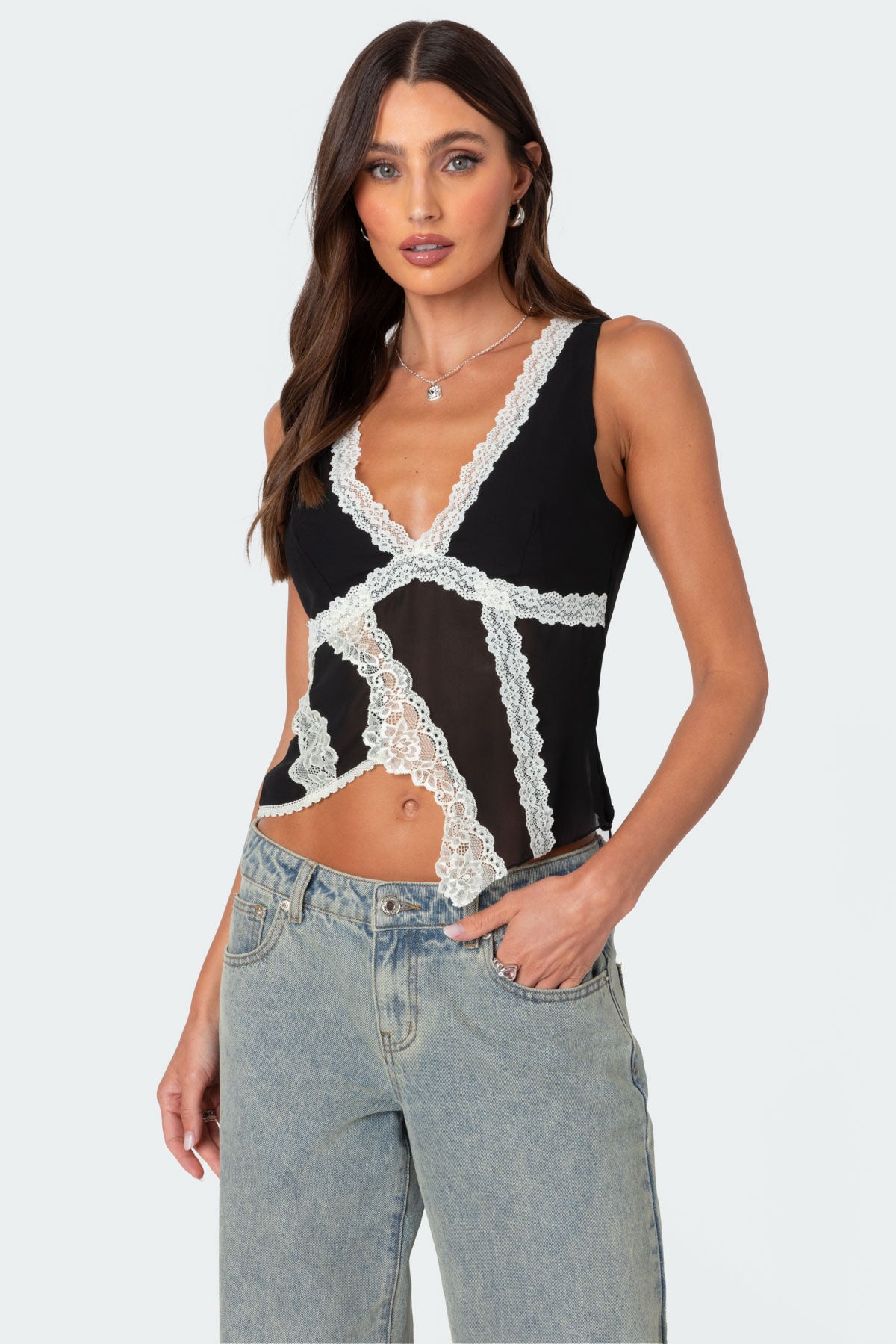 Chiffon & Lace Sheer Asymmetric Top