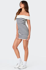 Striped Fold Over Knit Mini Dress