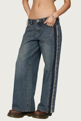 Petite Contrast Panel Low Rise Baggy Jeans