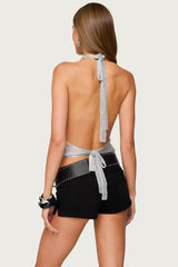 Shiny Knit Cowl Neck Backless Top