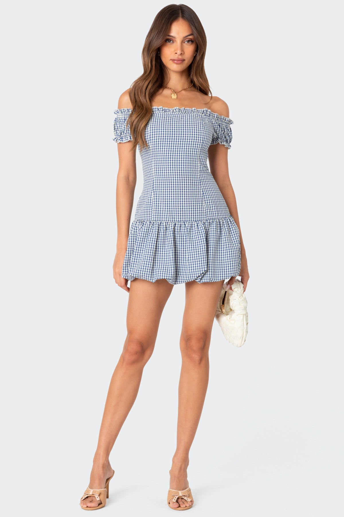 Gingham Off Shoulder Bubble Mini Dress