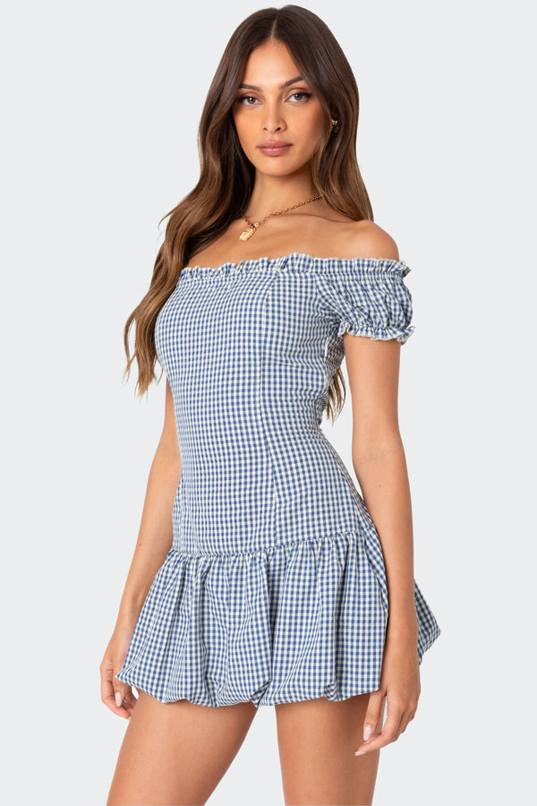 Gingham Off Shoulder Bubble Mini Dress