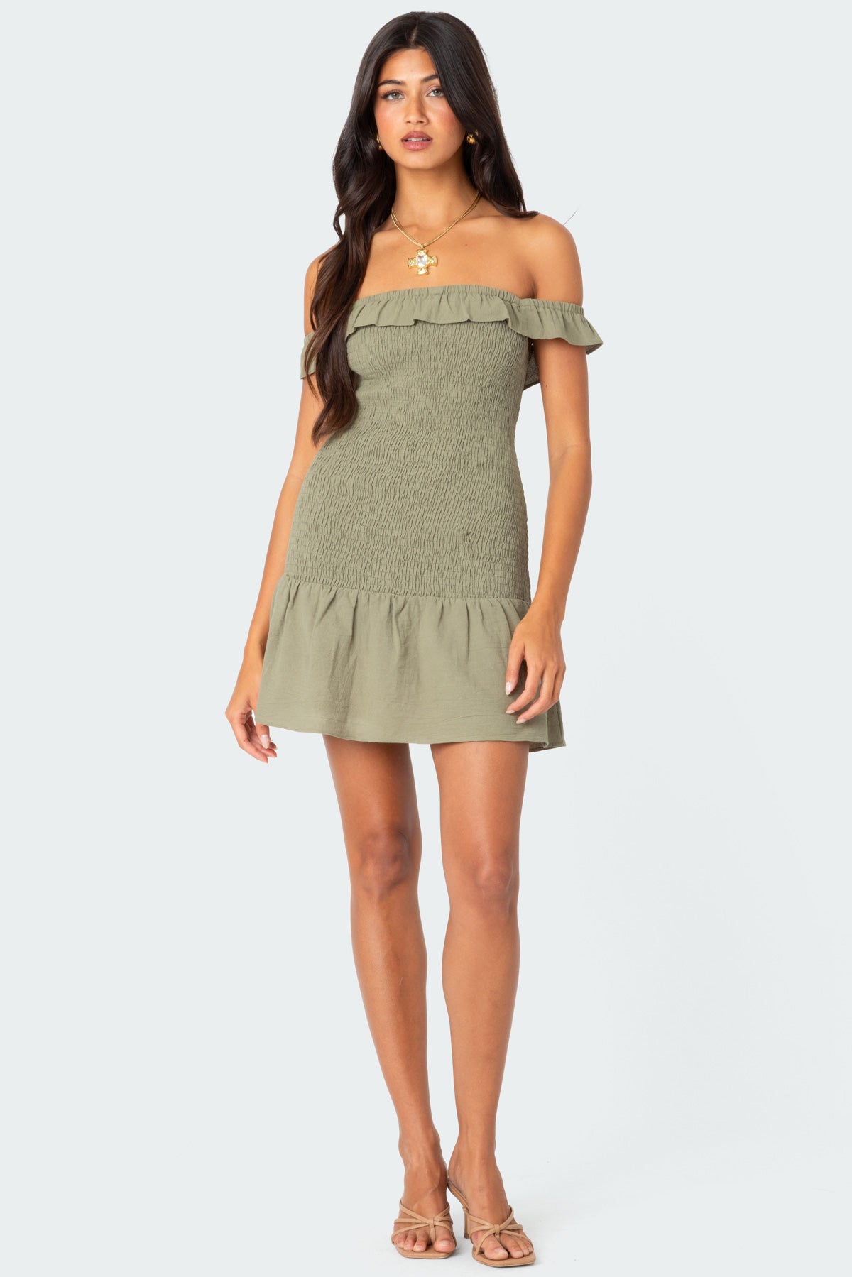 Off Shoulder Scrunched Linen Look Mini Dress