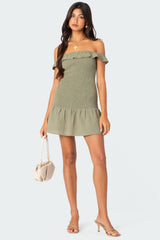 Off Shoulder Scrunched Linen Look Mini Dress