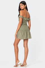 Off Shoulder Scrunched Linen Look Mini Dress