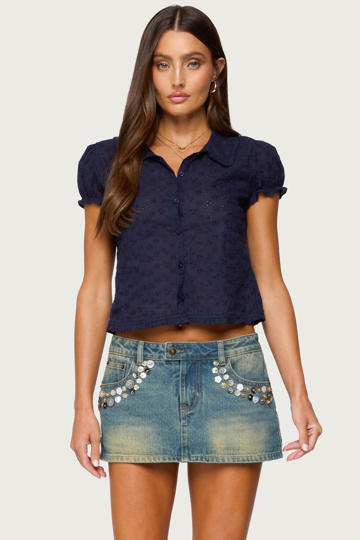 Lanie Eyelet Tailored Button Up Shirt