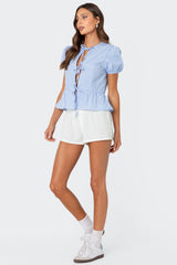 Puffed Sleeve Tie Front Top