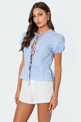 Puffed Sleeve Tie Front Top