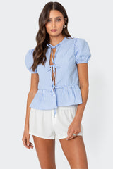 Puffed Sleeve Tie Front Top