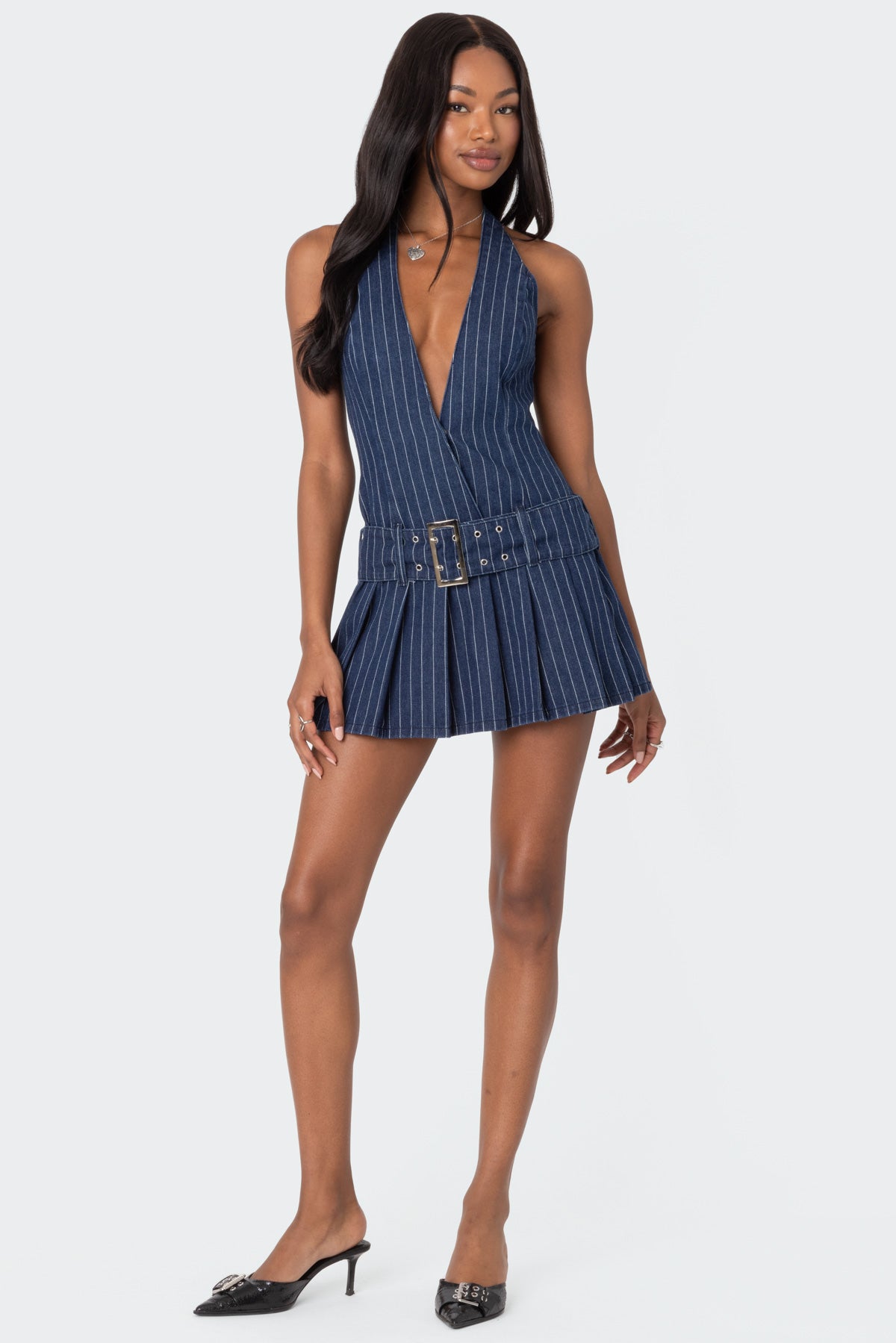 Belted Pinstripe Denim Mini Dress