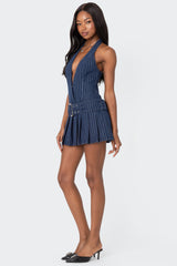 Belted Pinstripe Denim Mini Dress