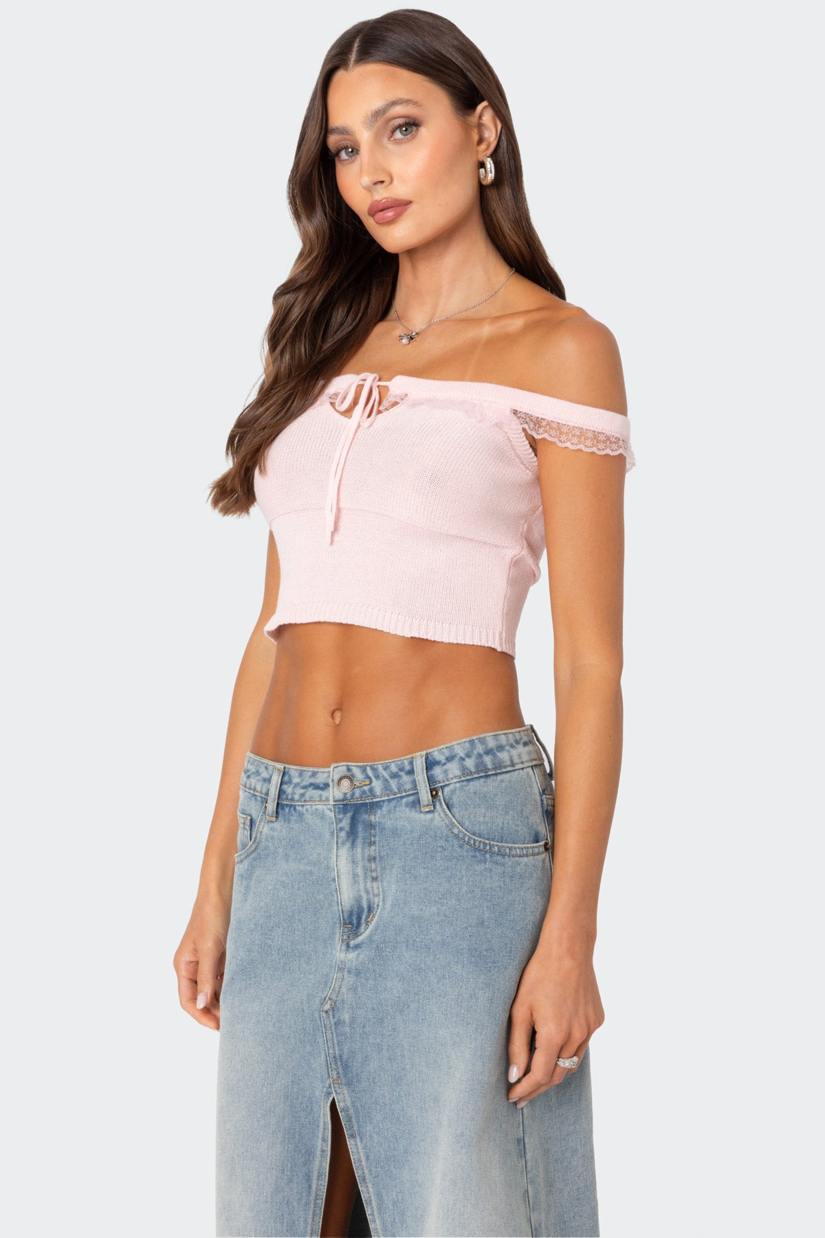 Off Shoulder Trimmed Knit Top