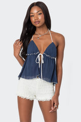 Crinkled Split Front Halter Top