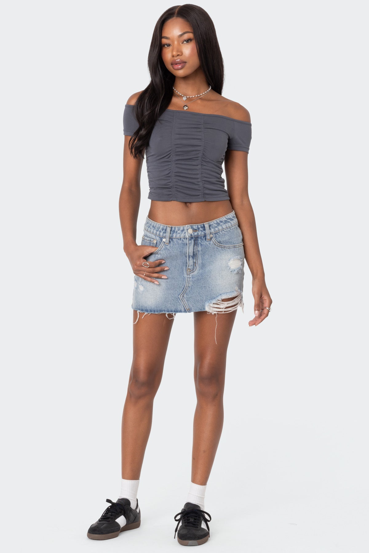 Triple Ruched Off Shoulder Top