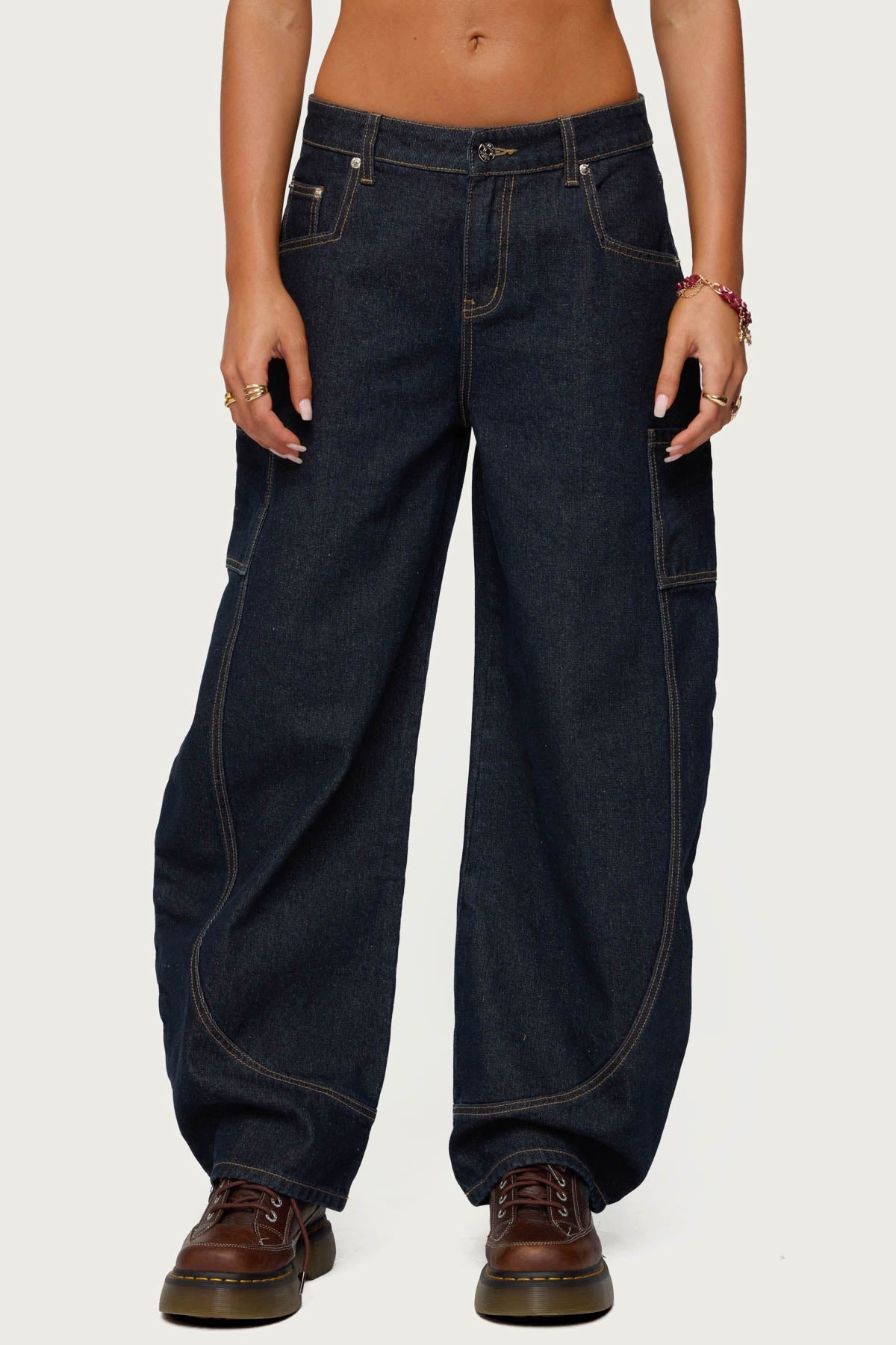 Aden Contrast Stitch Low Rise Barrel Jeans
