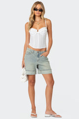 Cuffed Washed Denim Bermuda Shorts