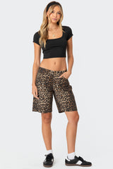 Leopard Low Rise Denim Bermuda Shorts