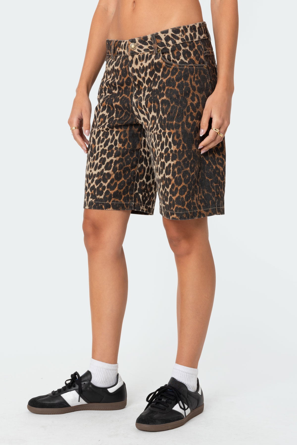 Leopard Low Rise Denim Bermuda Shorts