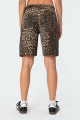 Leopard Low Rise Denim Bermuda Shorts