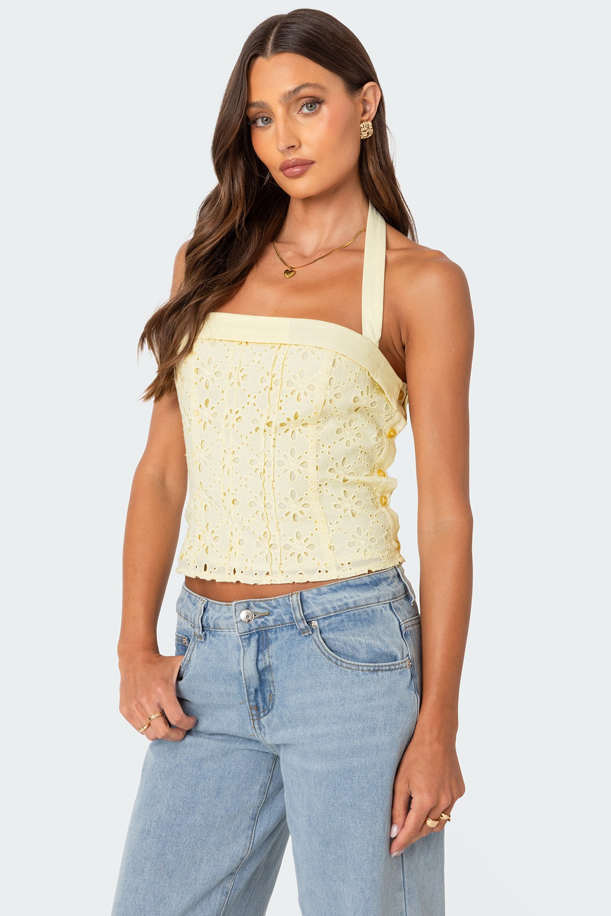 Side Button Eyelet Halter Top