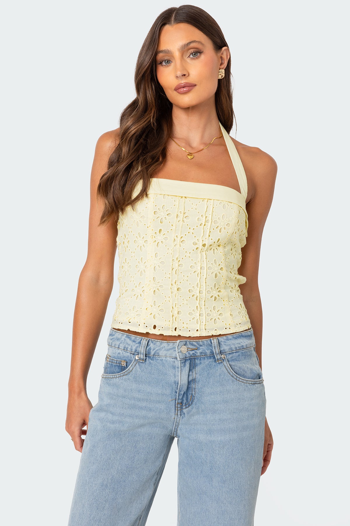 Side Button Eyelet Halter Top