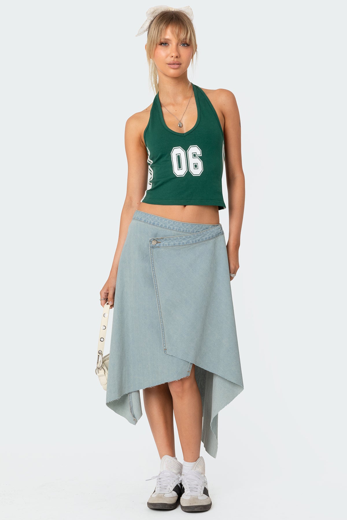 Asymmetric Wrapped Denim Midi Skirt