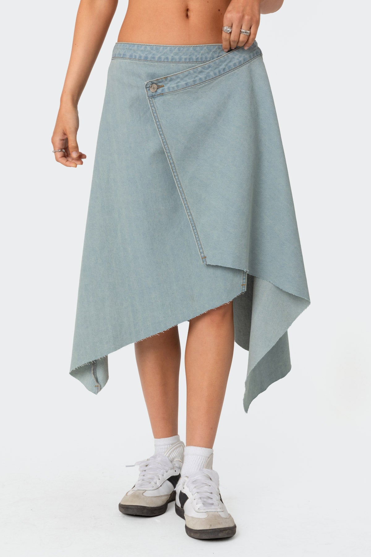 Asymmetric Wrapped Denim Midi Skirt