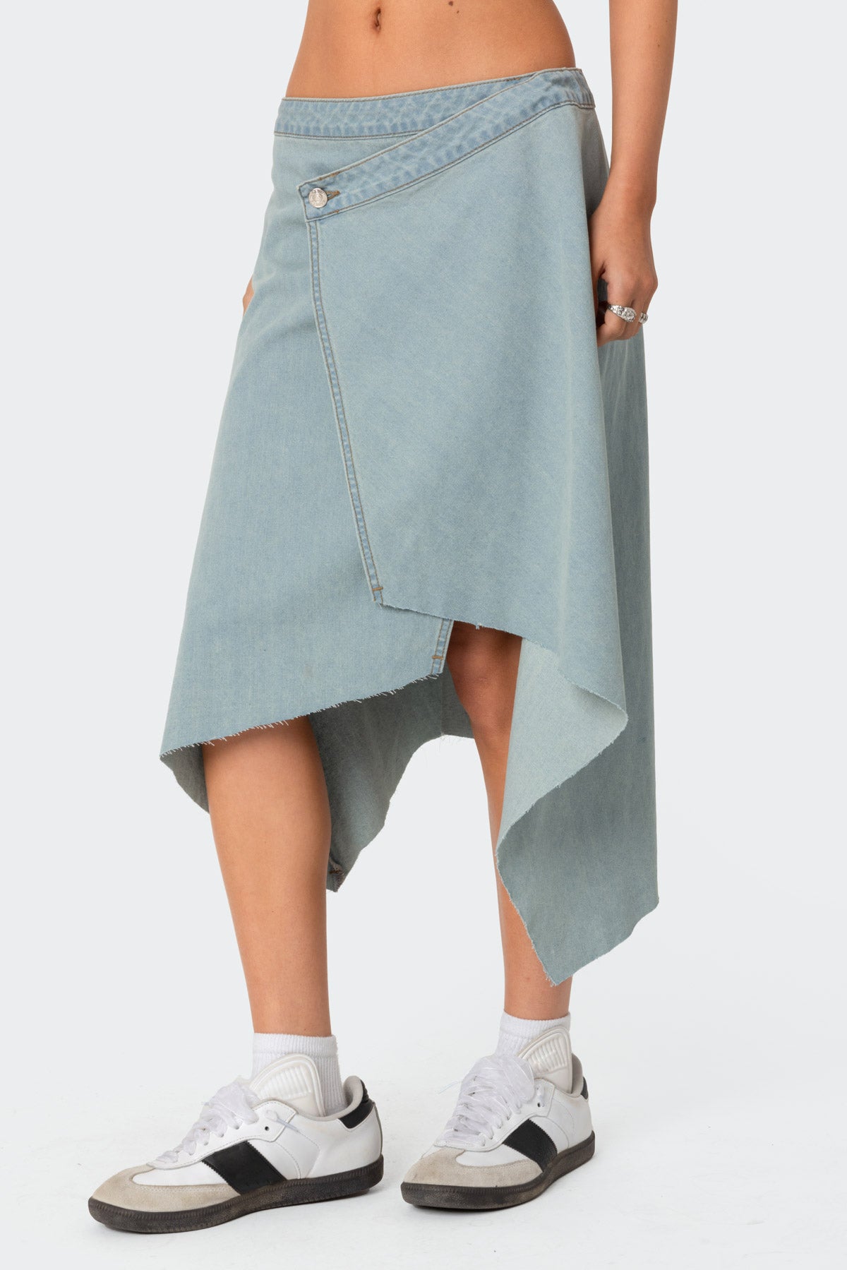 Asymmetric Wrapped Denim Midi Skirt