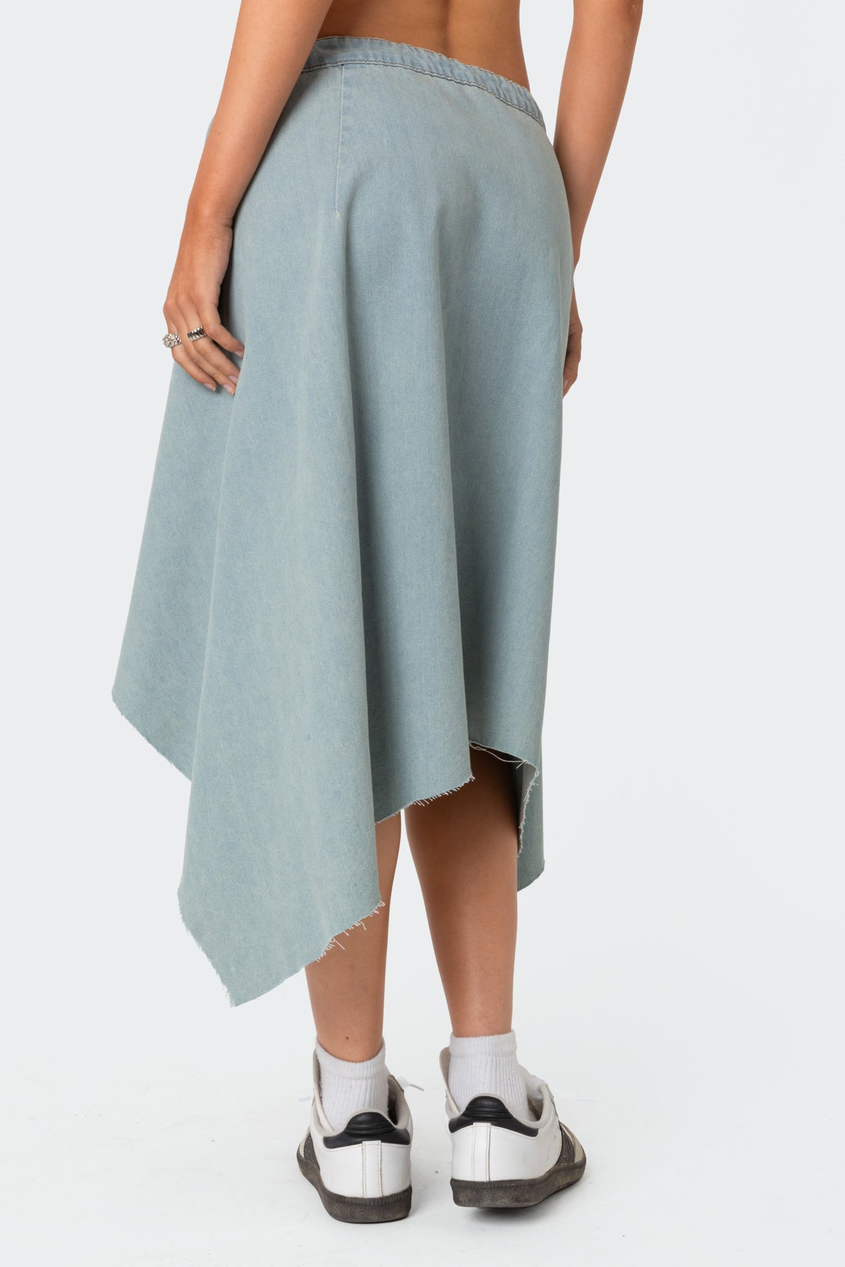 Asymmetric Wrapped Denim Midi Skirt