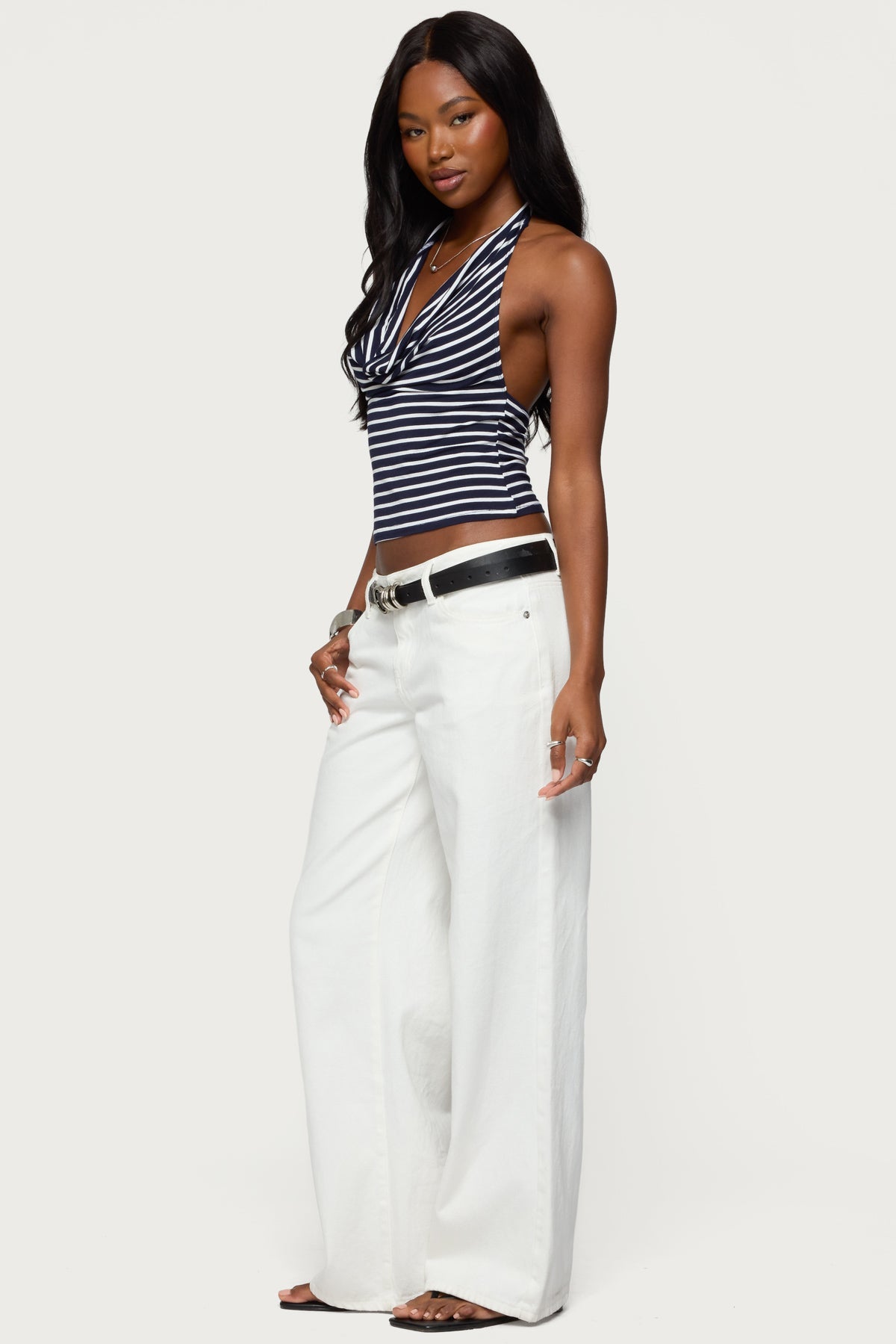 Striped Cowl Neck Halter Top