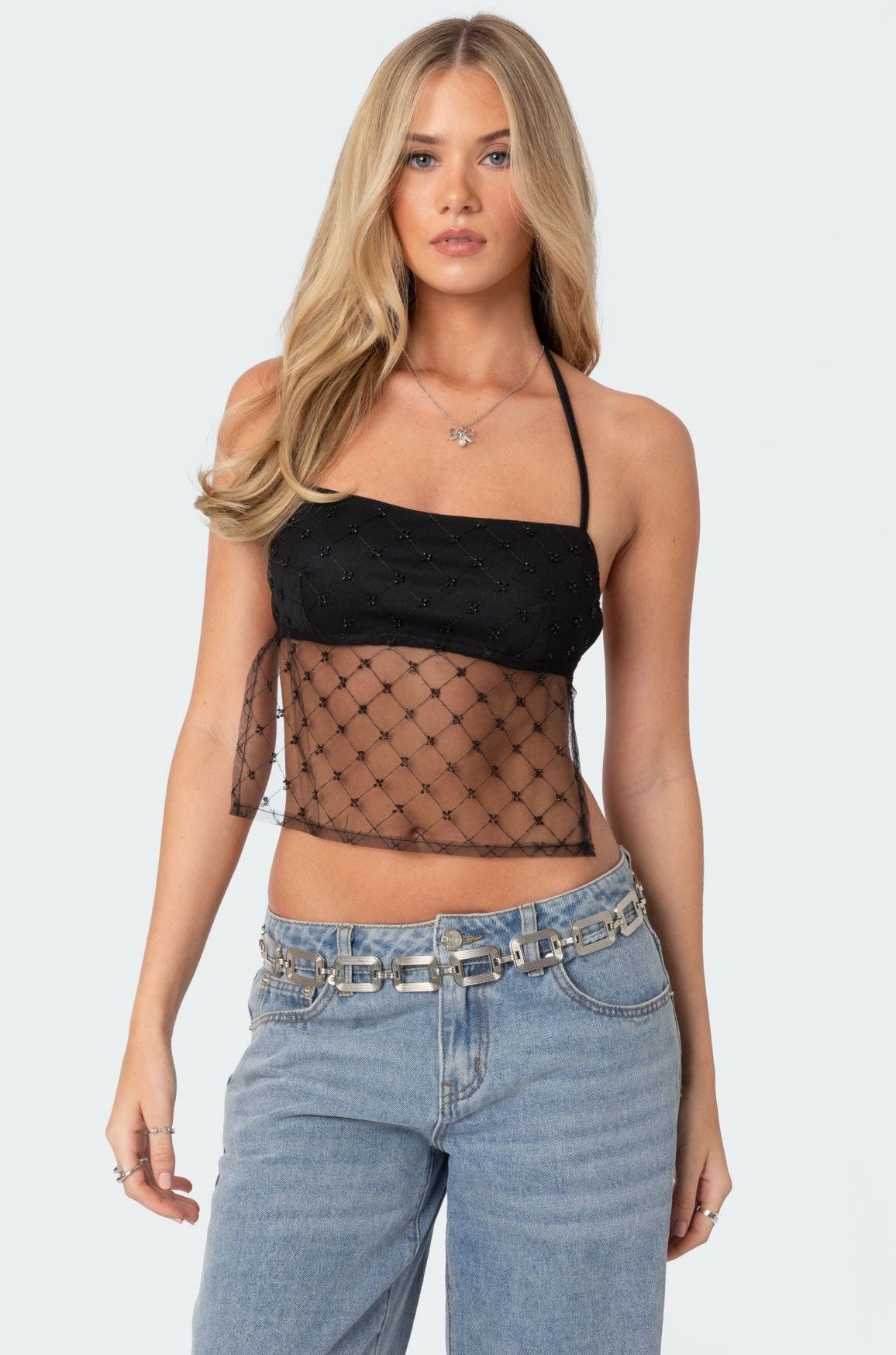 Sheer Sequin Backless Top