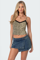 Leopard Printed Lace Trim Tank Top