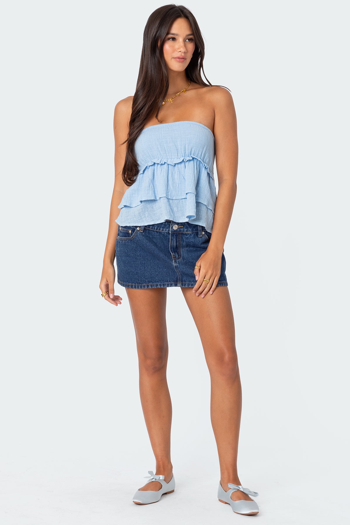 Linen Look Strapless Peplum Top