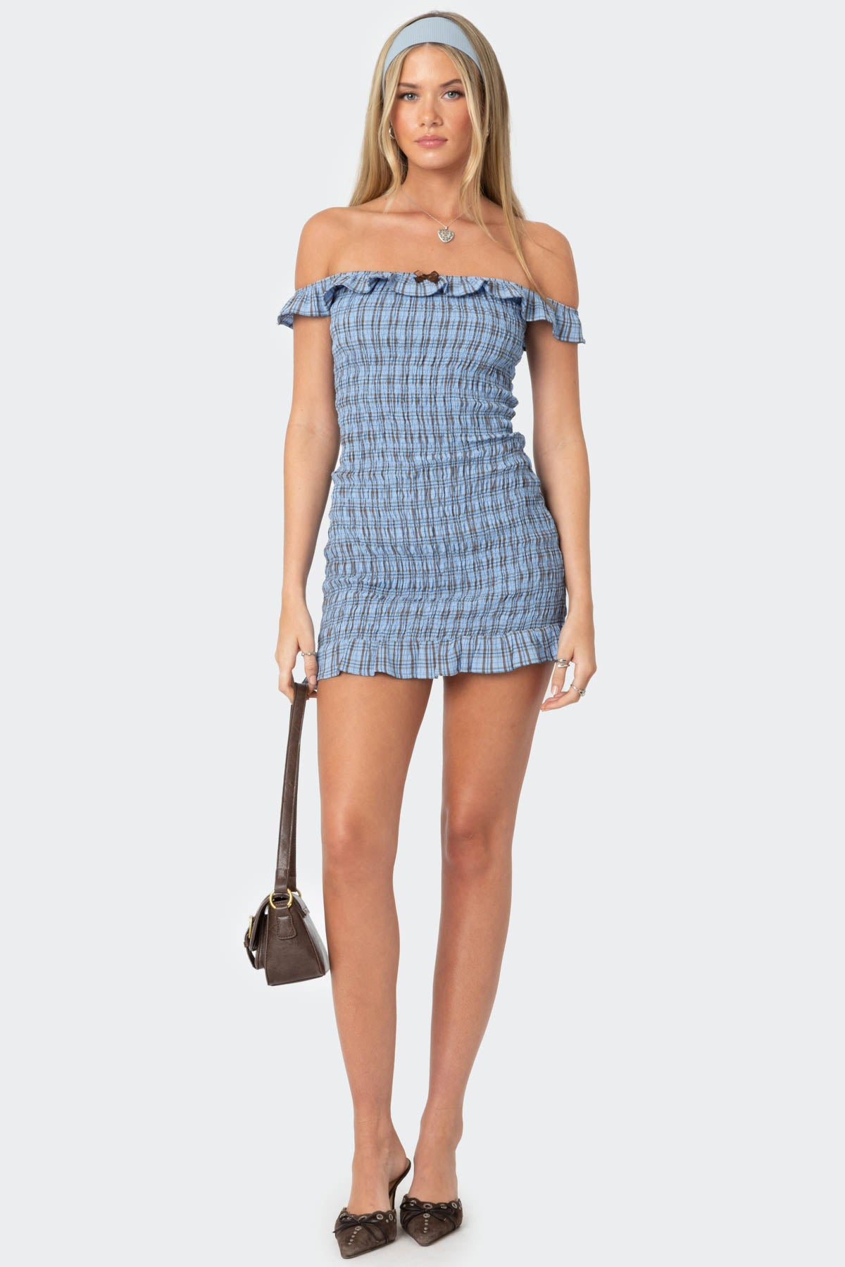 Off Shoulder Scrunched Plaid Mini Dress