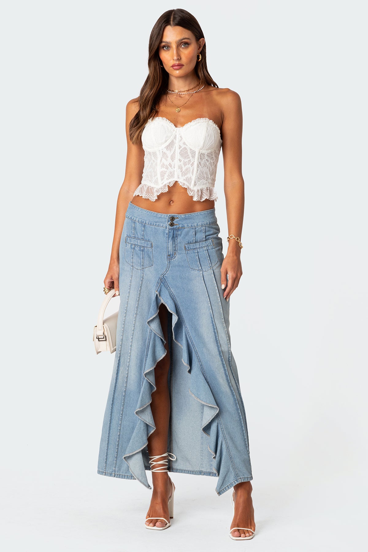 Valencia Ruffle Slitted Denim Maxi Skirt