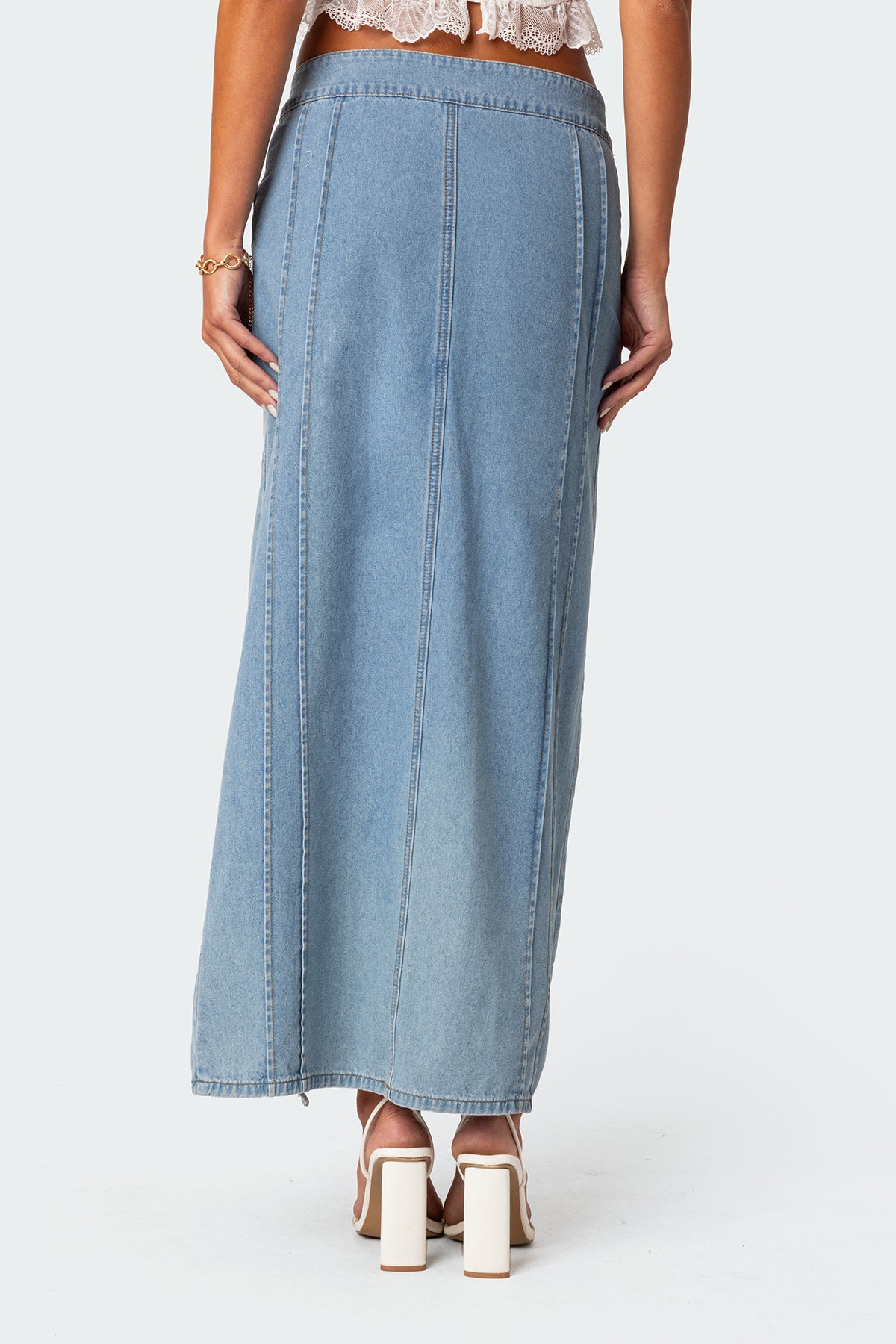 Valencia Ruffle Slitted Denim Maxi Skirt