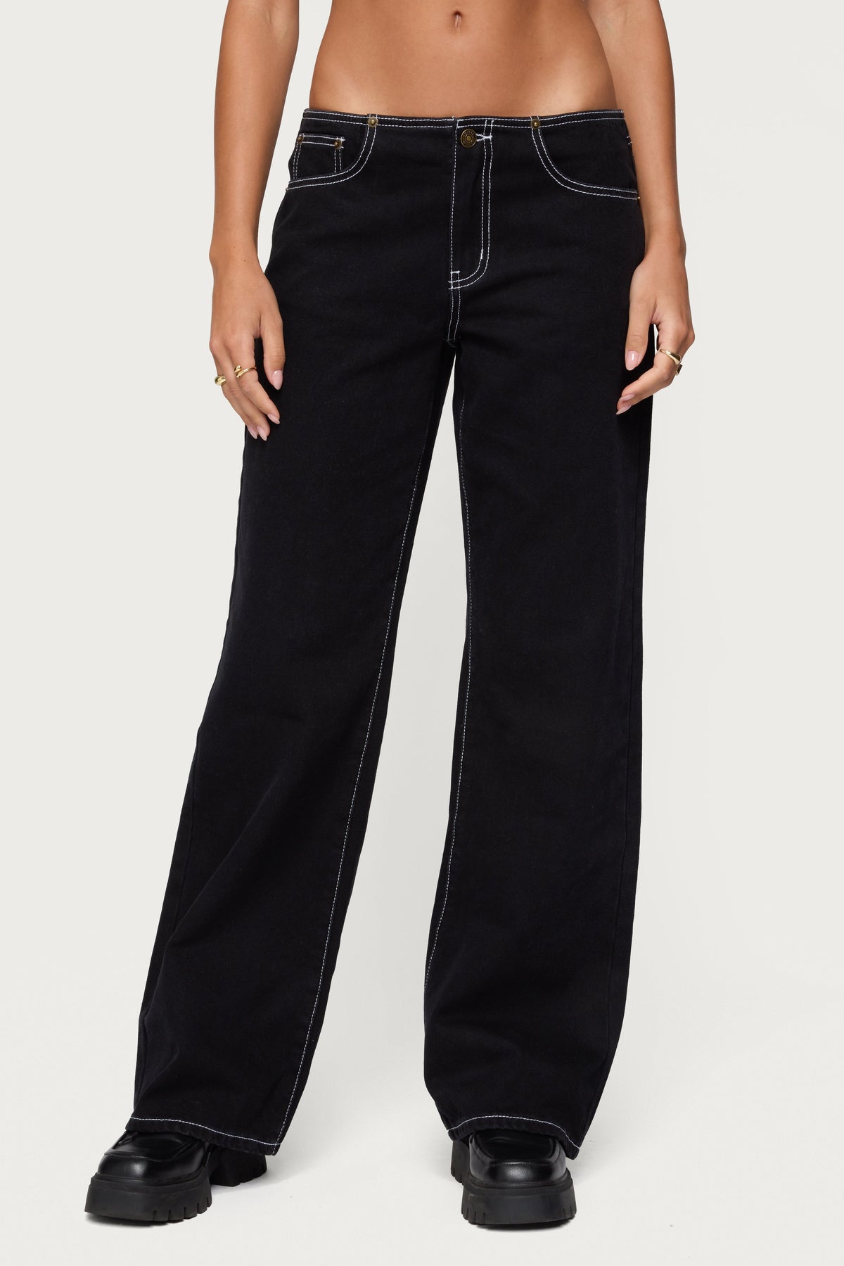 Contrast Stitch Low Rise Wide Leg Jeans