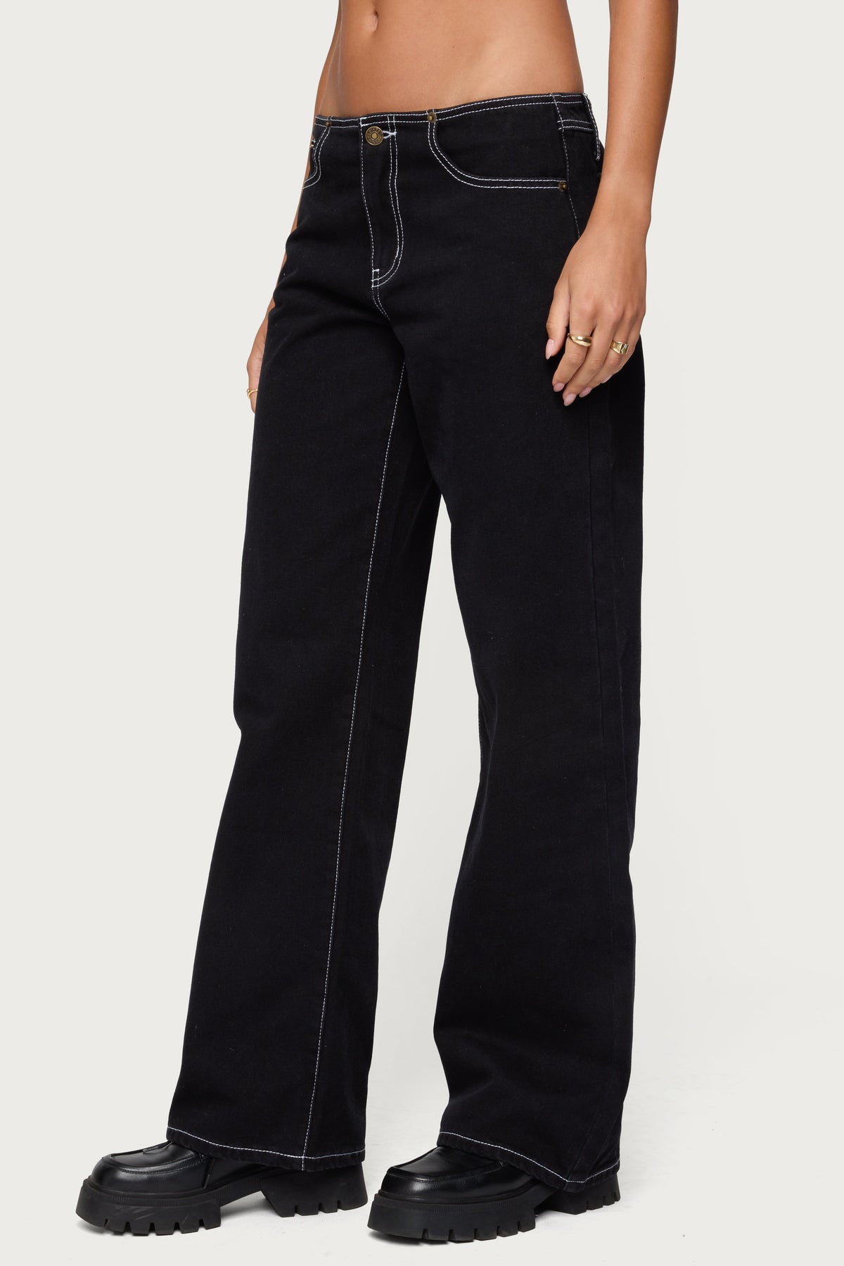Contrast Stitch Low Rise Wide Leg Jeans