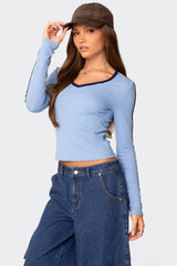 Contrast V Neck Long Sleeve T Shirt