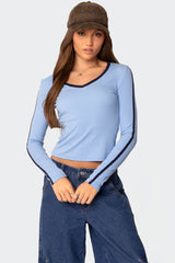 Contrast V Neck Long Sleeve T Shirt