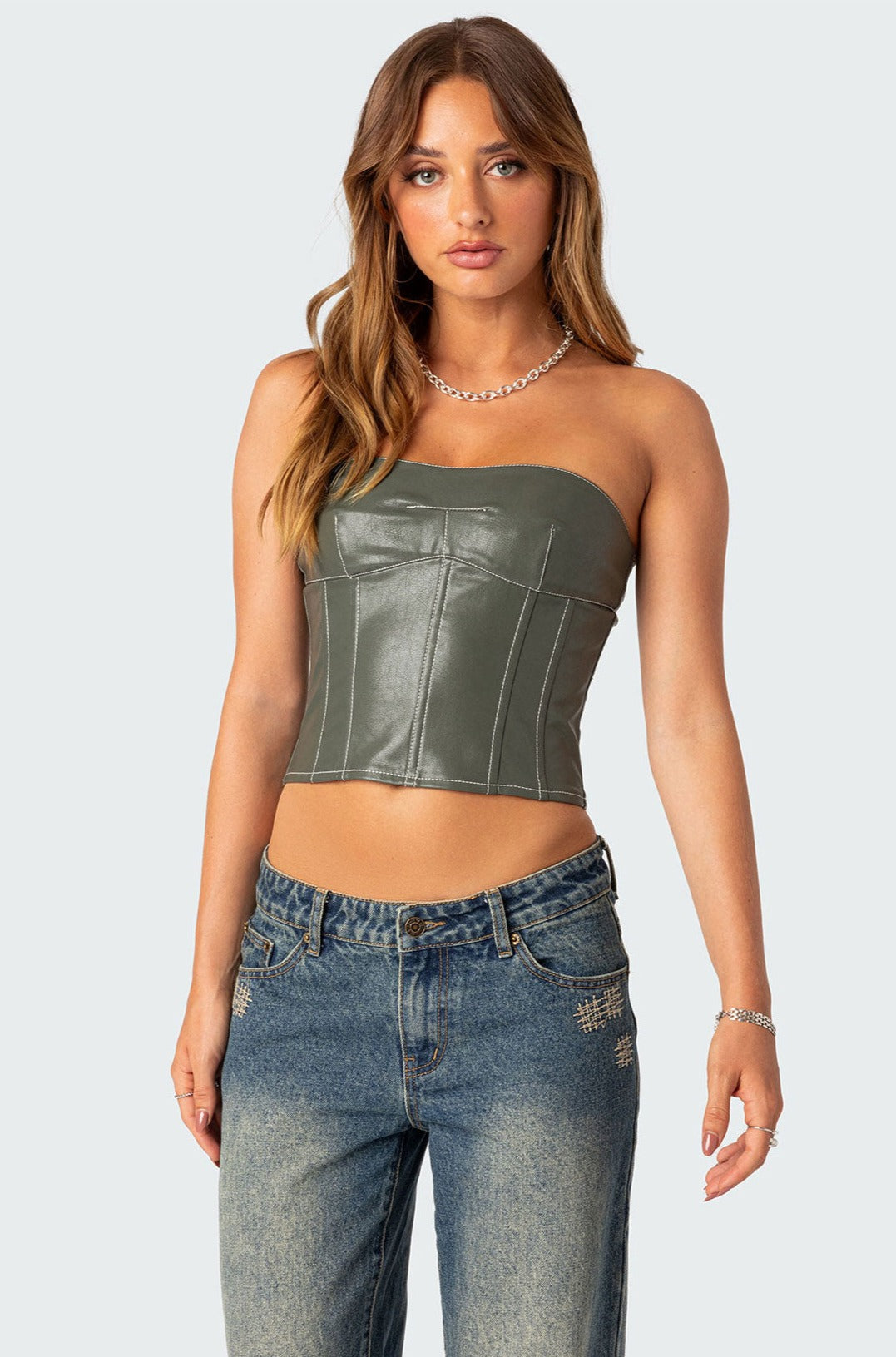 Moss Faux Leather Lace Up Corset