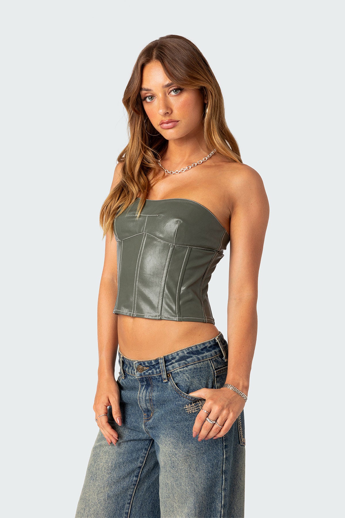 Moss Faux Leather Lace Up Corset