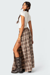 Plaid Side Slit Tiered Maxi Skirt