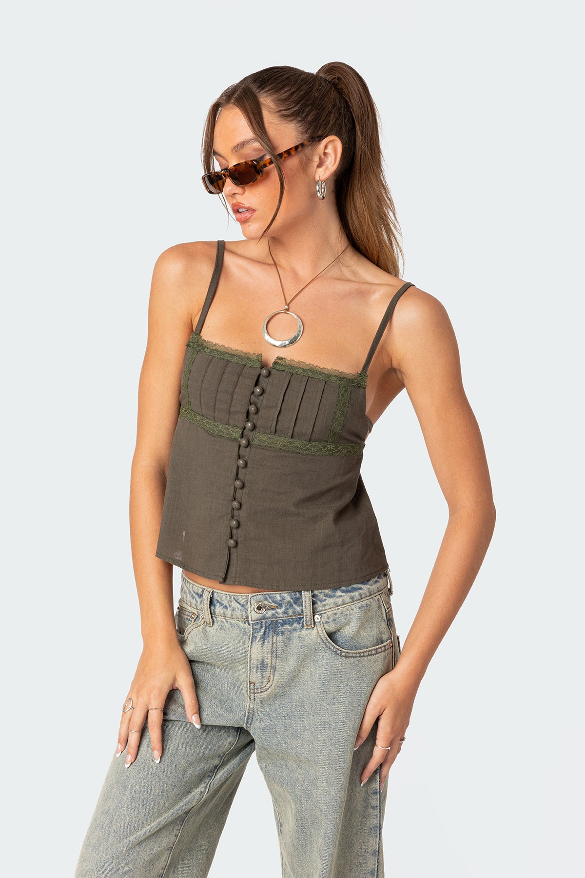 Button Up Linen Look Tank Top