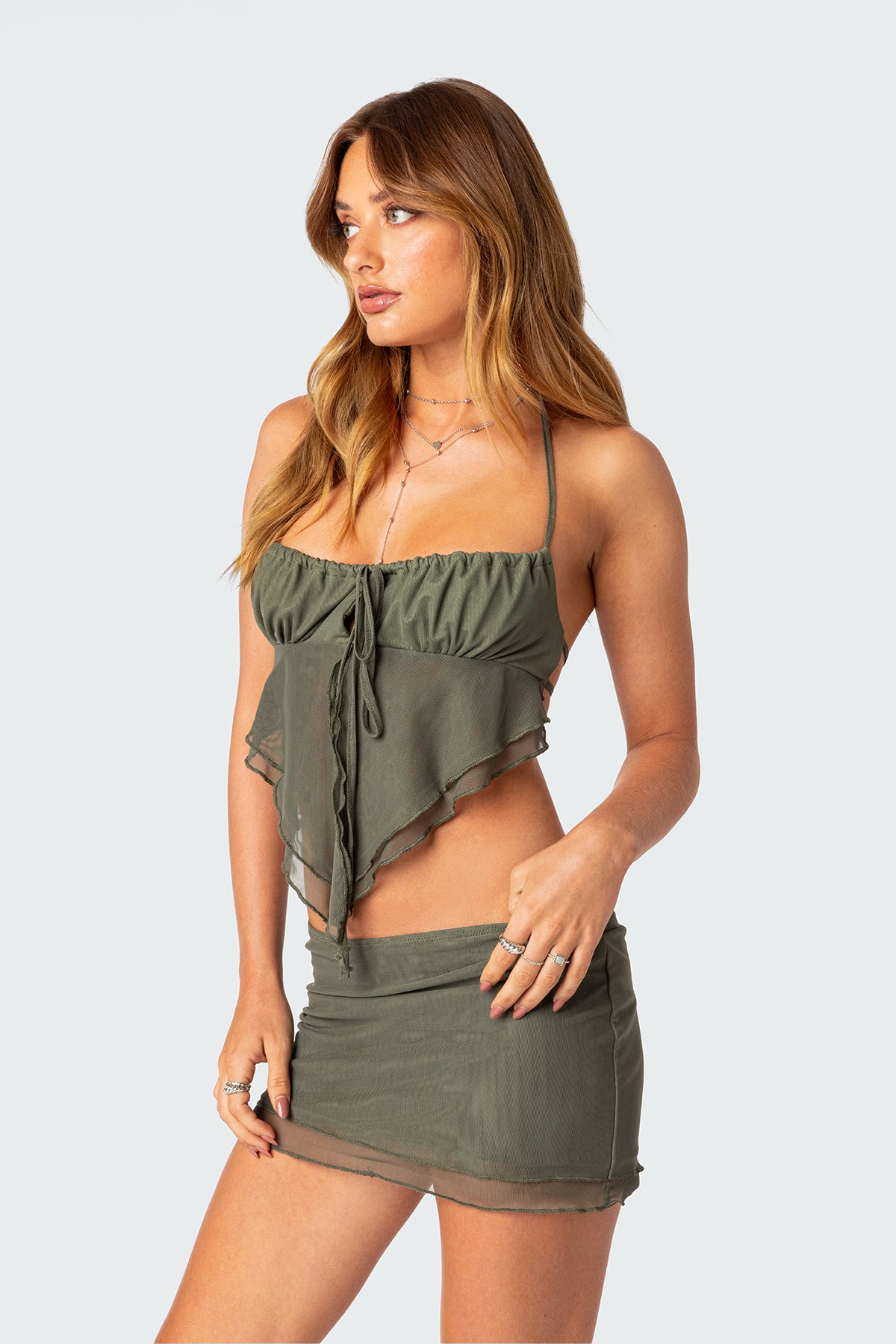 Ariyah Open Tie Back Ruffle Mesh Top